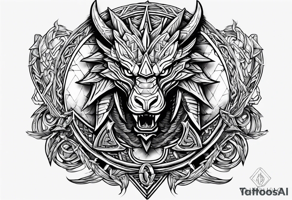 Valhalla sword shield dragon axe Valknut barbed wire chains valknut fire tattoo idea Valhalla sword shield dragon axe Valknut barbed wire chains valknut fire tattoo idea