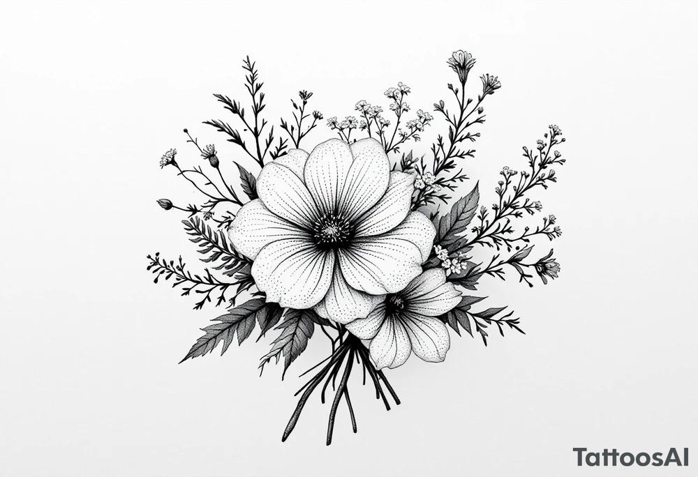 Beautiful Bouquet made up of Heather, pansy, oak, queen Anne’s lace, and honeysuckle. tattoo idea