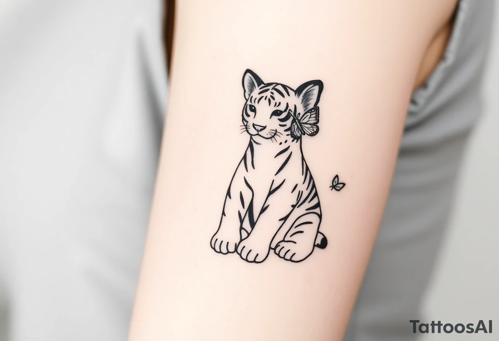 Tiger cub sitting down with paw up and on the paw is sitting a butterfly and there’s two butterflies on each side tattoo idea