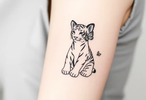 Tiger cub sitting down with paw up and on the paw is sitting a butterfly and there’s two butterflies on each side tattoo idea