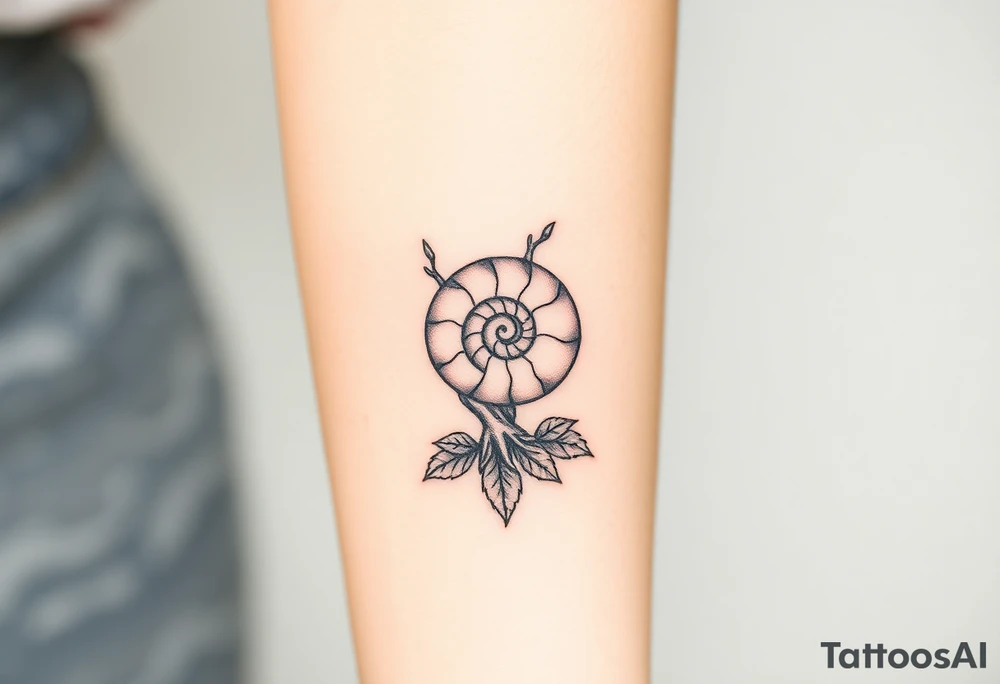 Fibonacci spiral shell on side of base of tree full of lots of leaves tattoo idea