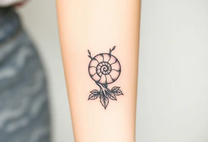 Fibonacci spiral shell on side of base of tree full of lots of leaves tattoo idea