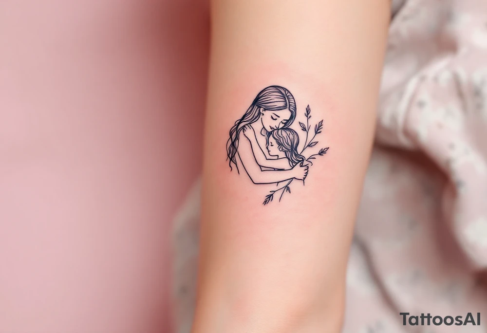 A fine-line tattoo of a mother and daughter embracing, filled with soft lavender and blush tones. tattoo idea