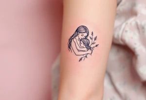 A fine-line tattoo of a mother and daughter embracing, filled with soft lavender and blush tones. tattoo idea