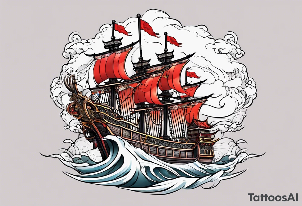 Chinese pirate ship in a tsunami tattoo idea