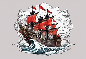 Chinese pirate ship in a tsunami tattoo idea