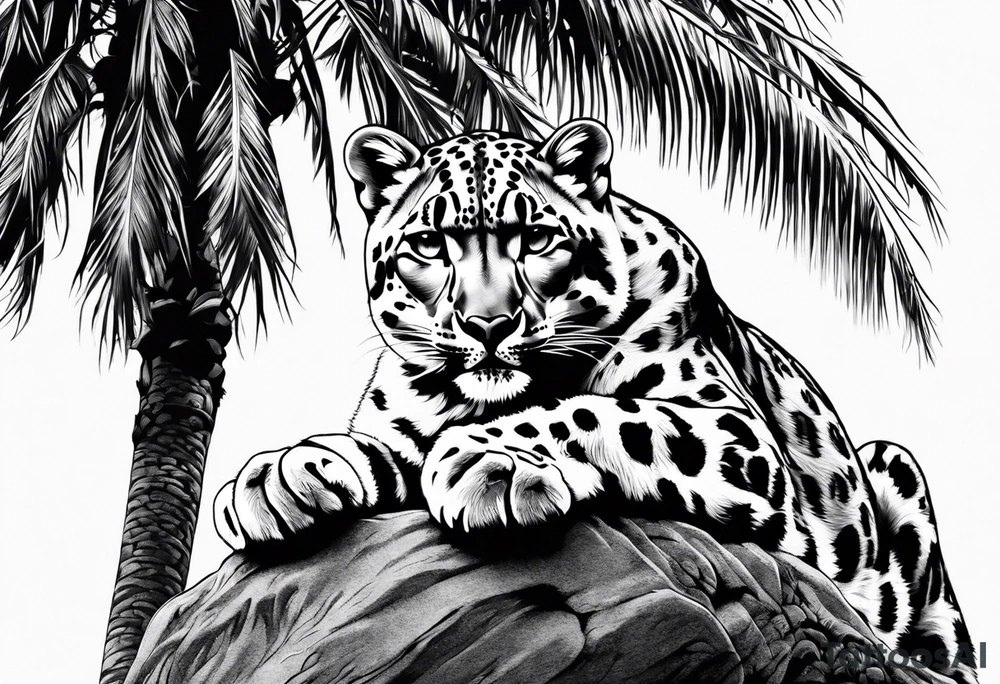 snow leopard laying on palm tree tattoo idea