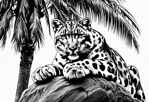 snow leopard laying on palm tree tattoo idea