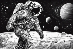 spaceman full-length in space with planets tattoo idea