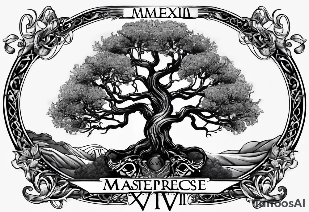 Yggdrasil with no leaves. 
A roman inscription "MEMENTO VIVERE" on the top. 
A metal bracelet with the date "XXXI-VII-MMXV" tattoo idea