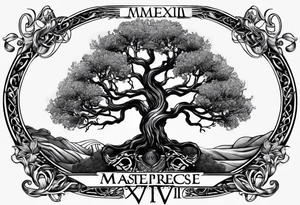 Yggdrasil with no leaves. 
A roman inscription "MEMENTO VIVERE" on the top. 
A metal bracelet with the date "XXXI-VII-MMXV" tattoo idea