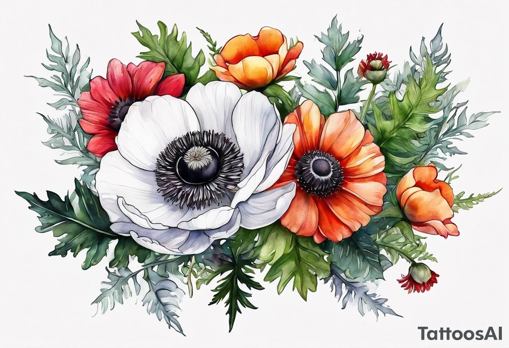 a white anemone with black center with thistles, ferns, sun flowers, red flowers, pink flowers, orange flowers, yellow flowers in watercolor tattoo idea