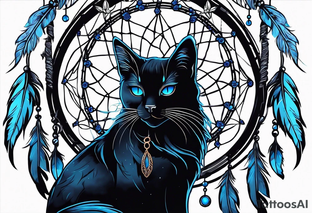 Black cat entwined in a elegant dream catcher that has flowers an long flowing feathers on dream catcher. Black cat eyes in neon blue an small neon blue detail in catcher tattoo idea