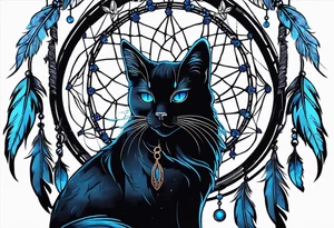 Black cat entwined in a elegant dream catcher that has flowers an long flowing feathers on dream catcher. Black cat eyes in neon blue an small neon blue detail in catcher tattoo idea