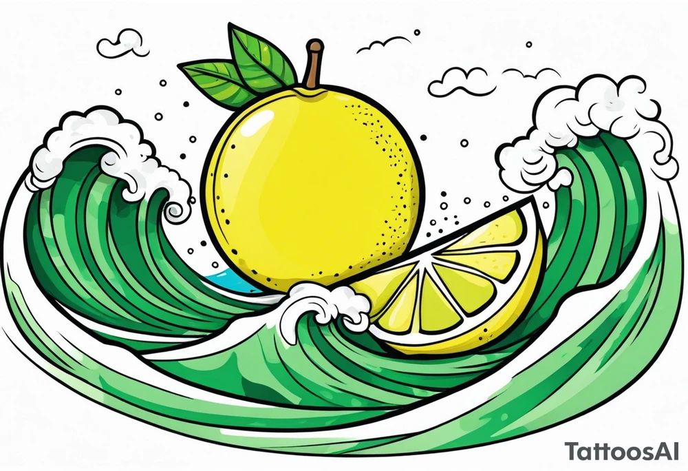 A lemon-Buoy with a green leaf-flag on waves tattoo idea