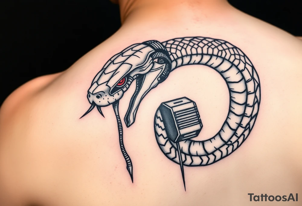 A Cybernetic Snake Biting Its Own Tail (Ouroboros Style)
The classic ouroboros but partially robotic, its fangs dripping neon coolant.
Could be wrapped around a futuristic engine or a broken motherboard.
Eyes flickering between red error codes and reptilian slits. tattoo idea