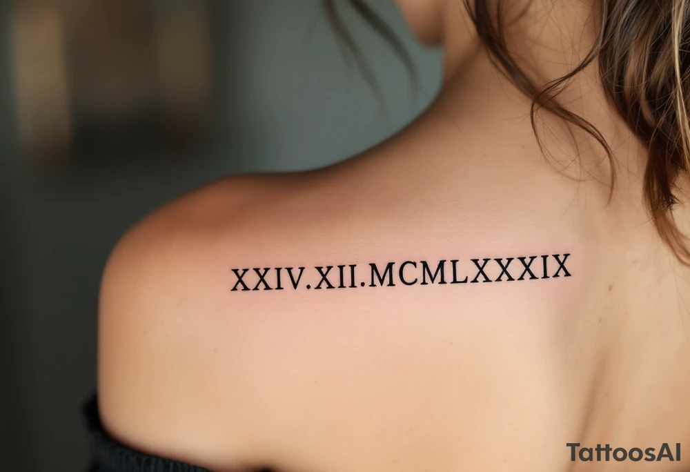 classic XXIV.XII.MCMLXXXIX across the back in solid black with gold accent lines running underneath. tattoo idea