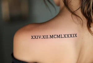 classic XXIV.XII.MCMLXXXIX across the back in solid black with gold accent lines running underneath. tattoo idea