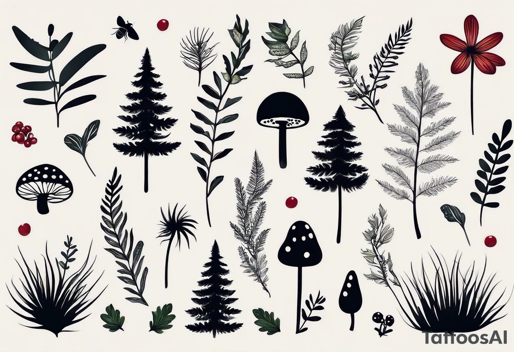 forest floor inspired minimalist tattoo, which includes grass, curly ferns, moss and dead leaves as the bulk of the tattoo. details to include: forest berries, a tiny bumblebee flying nearby, three small brown mushrooms
Generate a vertically long one tattoo idea
