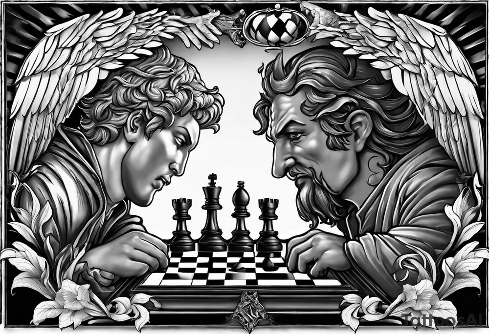 Depict an angel and devil engaged in a chess game, with the chessboard reflecting the cosmic battleground between good and evil, symbolizing the strategic nature of the eternal conflict. tattoo idea