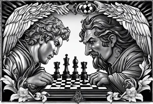 Depict an angel and devil engaged in a chess game, with the chessboard reflecting the cosmic battleground between good and evil, symbolizing the strategic nature of the eternal conflict. tattoo idea