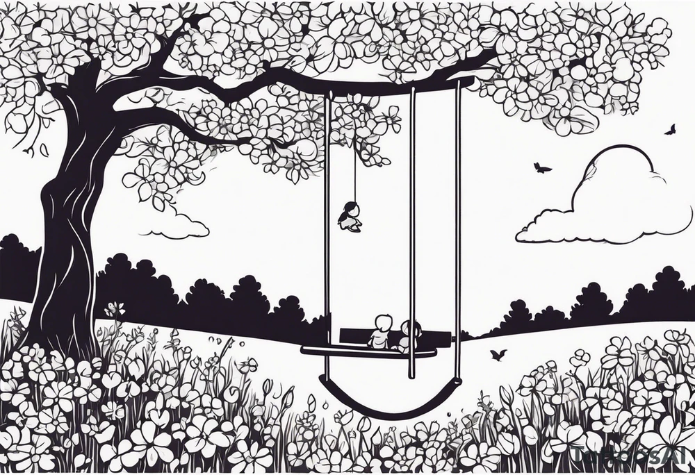Mom with son and daughter on a swing in the distance in a field of flowers tattoo idea