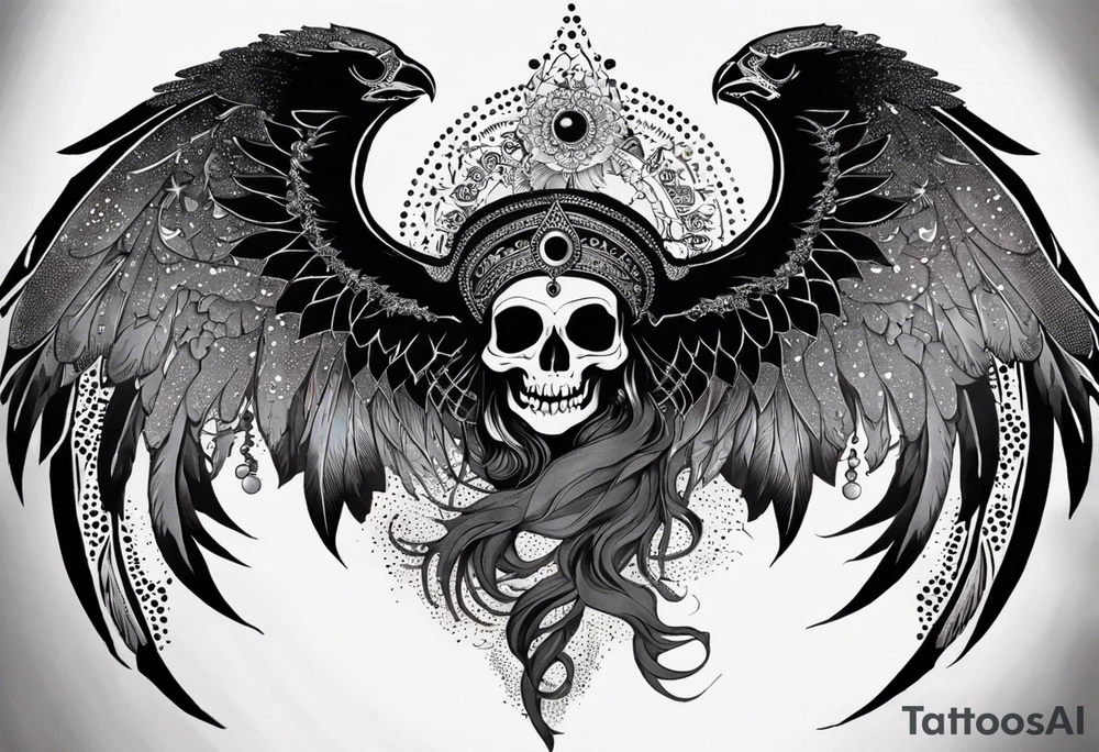 black kali, goddess pirate, alien, angel, pachamama, valkrye, warrior, flying, skull, lotus azul, wing, eagle, zenza resonance, stars, 5D, anahata chakra, death, durga, riding on a tiger, flying lady, chest tatoo tattoo idea