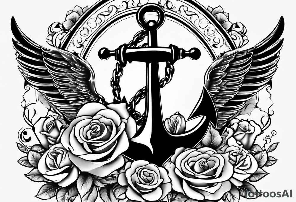 An anchor with a large S through the anchor. Angle wings on the left and right side. Roses below the anchor. Waves in the back ground tattoo idea