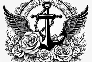 An anchor with a large S through the anchor. Angle wings on the left and right side. Roses below the anchor. Waves in the back ground tattoo idea