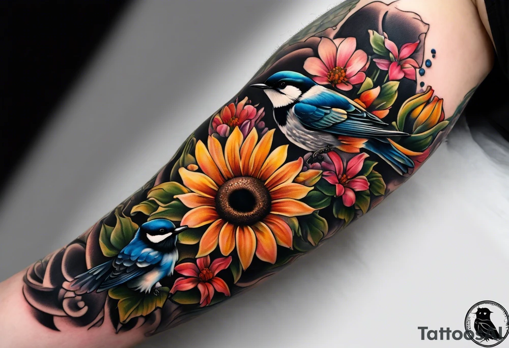 A lower forearm sleeve full colour coming down from a bicep with flowers joined with honeycombs, Mandela flowers, sunflowers, chickadee bird, humming bird, and owl.  Sweet pea and honey suckle flowers. tattoo idea
