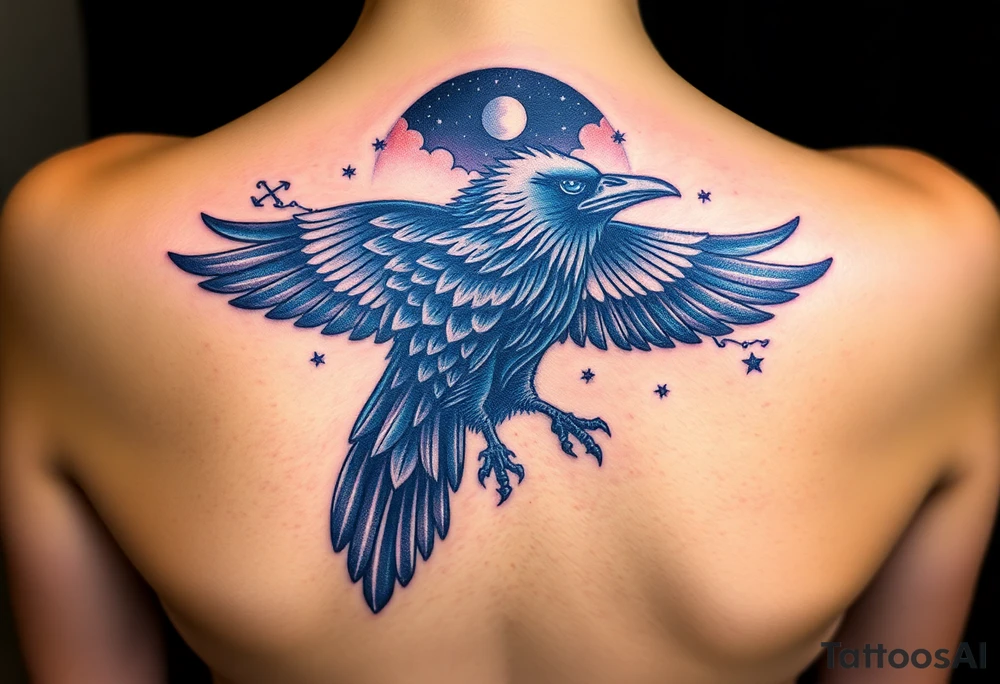 Raven with starry sky background with zodiac constellations in it with runes in sky tattoo idea