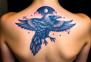 Raven with starry sky background with zodiac constellations in it with runes in sky tattoo idea