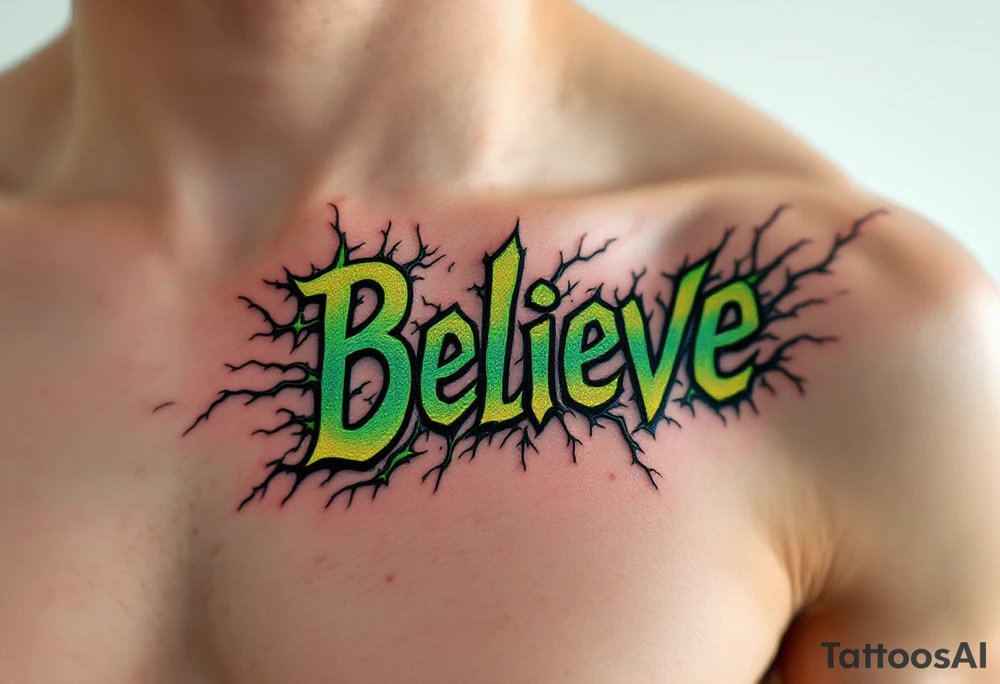 "Believe" in green, surrounded by crackling energy lines, symbolizing growth and breaking free from doubts. tattoo idea