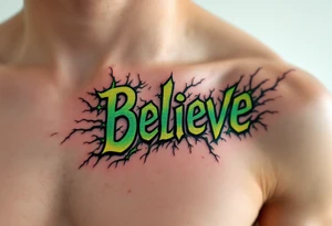 "Believe" in green, surrounded by crackling energy lines, symbolizing growth and breaking free from doubts. tattoo idea