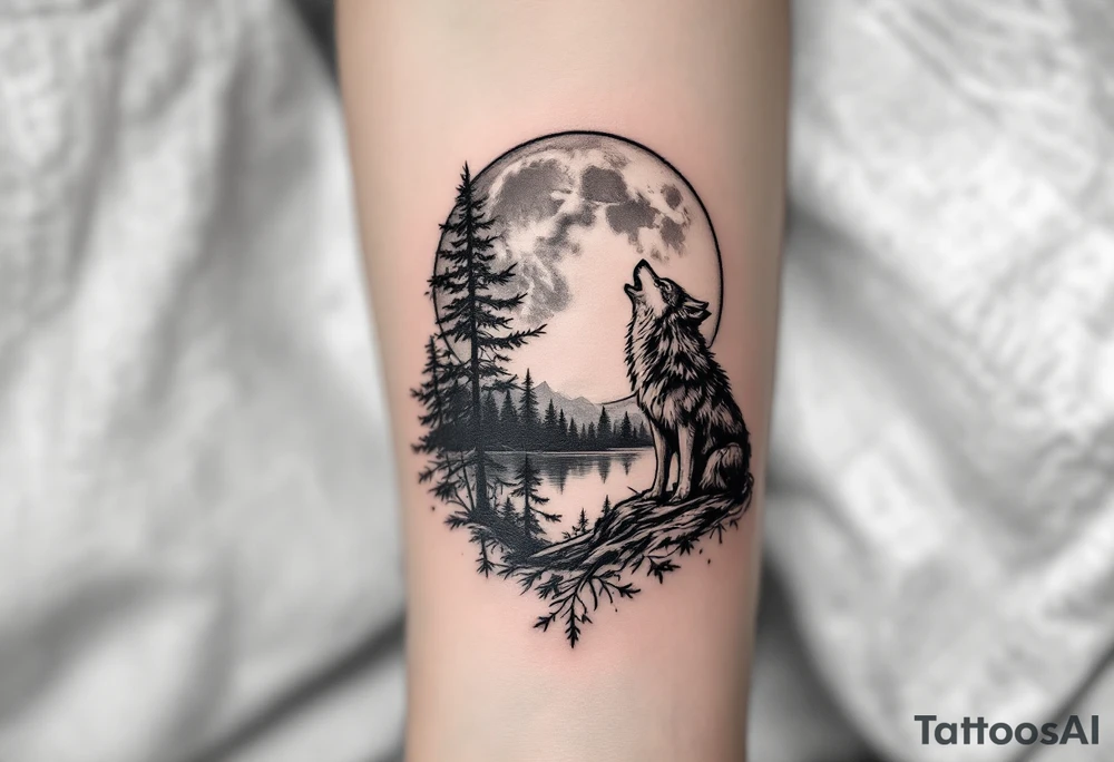 lone wolf howling at full moon with northern lights backdrop tattoo idea