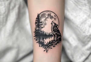 lone wolf howling at full moon with northern lights backdrop tattoo idea