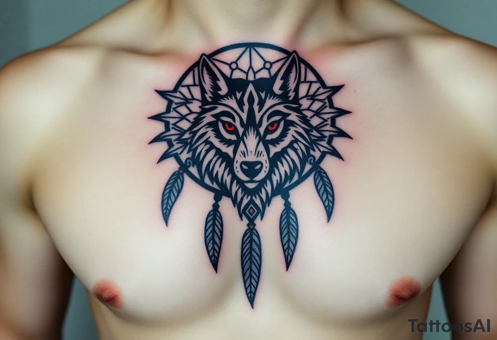 A symmetrical tribal wolf head inside a dreamcatcher, with feather patterns forming geometric shapes around it. The design is rendered in black ink with accents of red for the eyes and white in the feathers tattoo idea