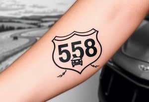 small State Route sign 558, with trees all around and a farm in background, road with a car tattoo idea