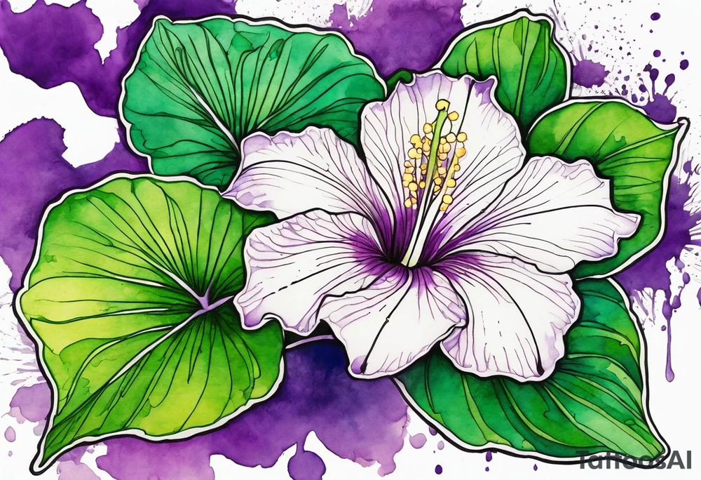 An outline of a green rio dipladenia flower and a purple watercolor splash in the background tattoo idea