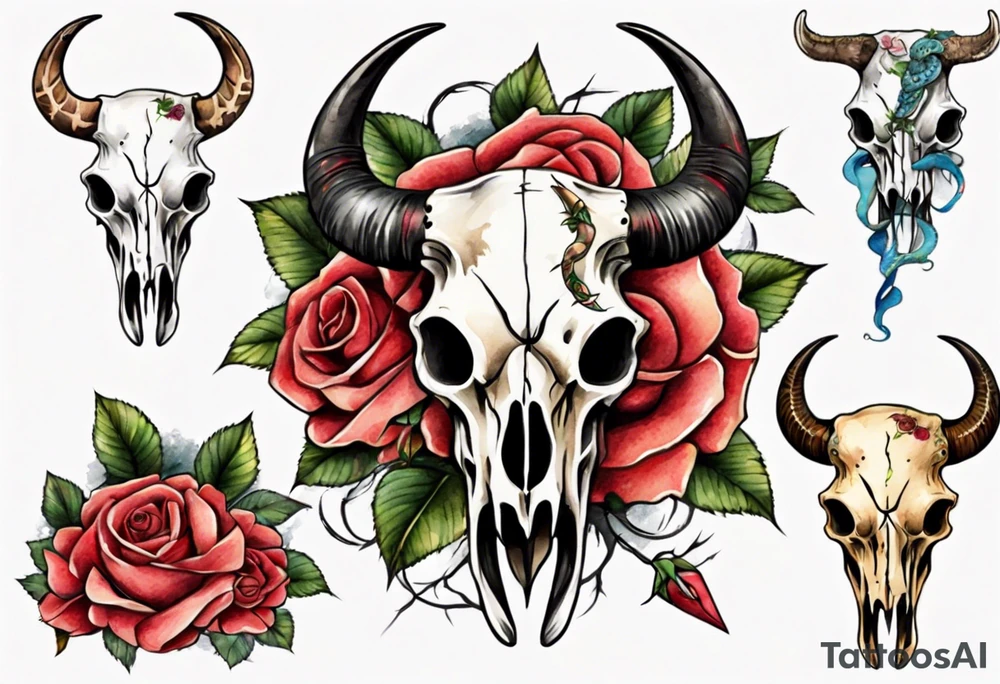bull skull with a snake with roses tattoo idea