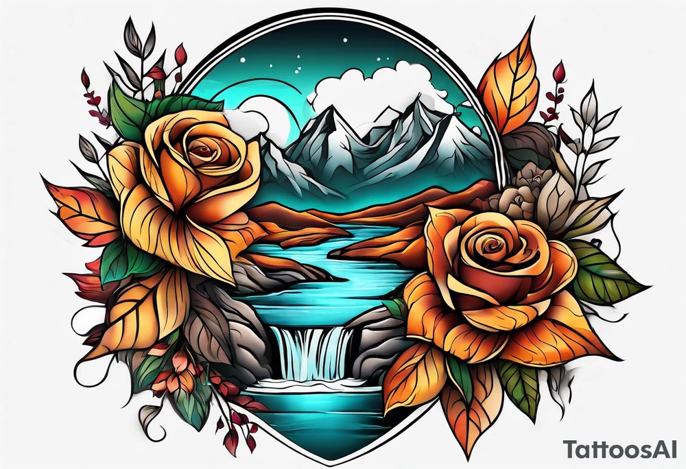 thigh tattoo with fall colors showing leaves, flowers, roses, water flow, mountains and sky tattoo idea