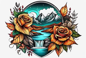 thigh tattoo with fall colors showing leaves, flowers, roses, water flow, mountains and sky tattoo idea
