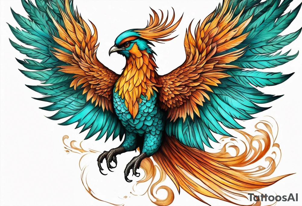 Proud Strong phoenix with turquoise ends of wings tattoo idea