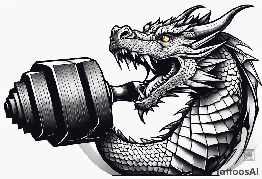 Dragon biting a dumbbell tattoo idea
