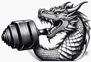 Dragon biting a dumbbell tattoo idea