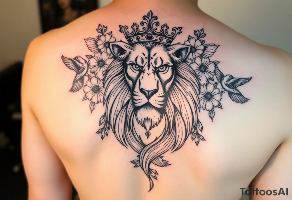 powerful majestic lion with a crown, surrounded by floral ornaments and birds tattoo idea