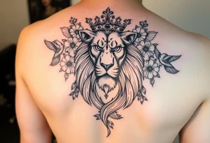 powerful majestic lion with a crown, surrounded by floral ornaments and birds tattoo idea
