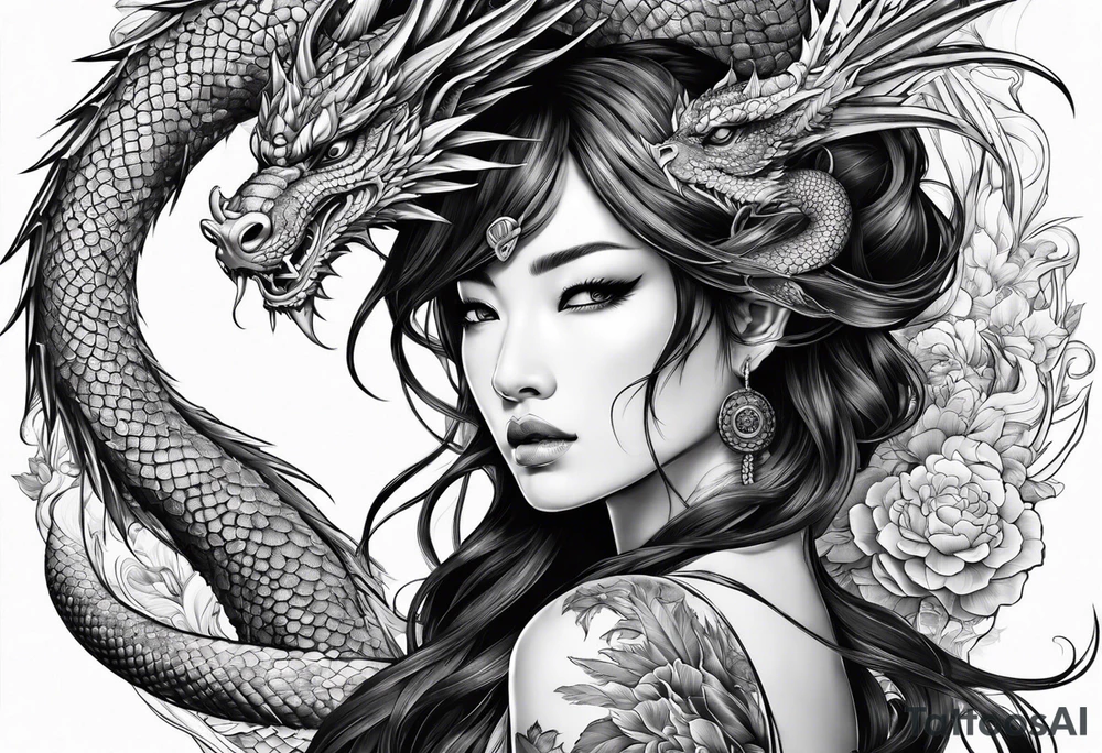 large warrior nymph with dragon tattoo idea