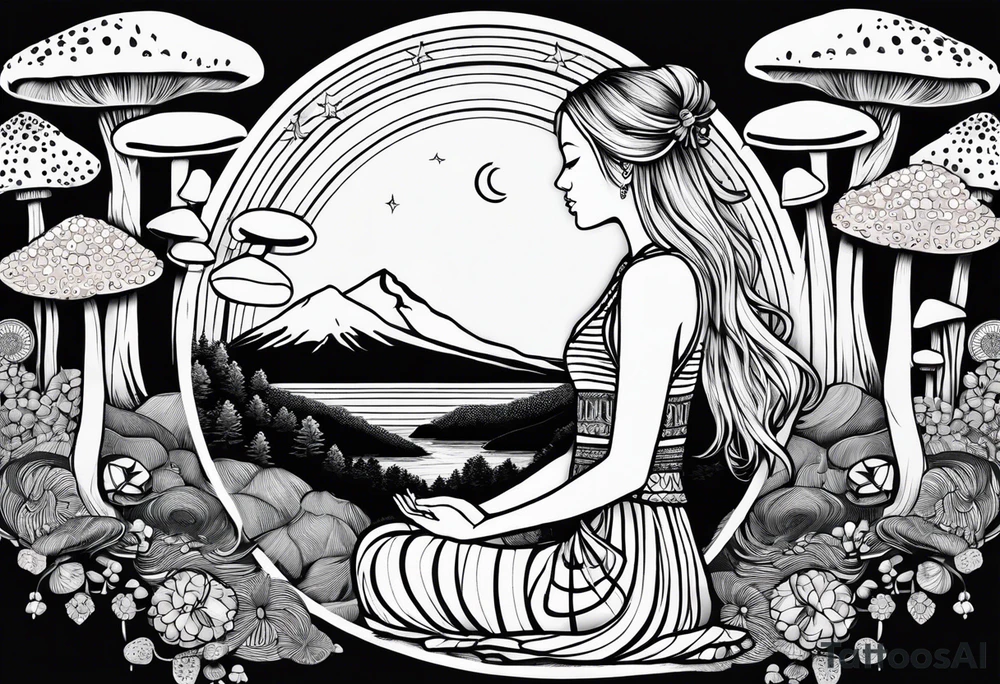 Straight blonde hair girl meditating facing away toward mountains surrounded by mushrooms crescent moon mandala circular design black and white striped dress tattoo idea