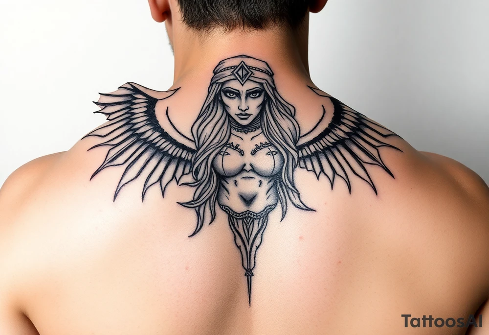 El cuerpo completo e la diosa griega Temis le suben rodeando dos escorpiones tattoo idea